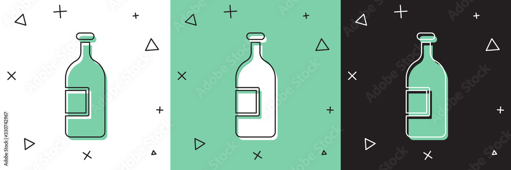 Set Alcohol drink bottle icon isolated on white and green, black background. Vector Illustration