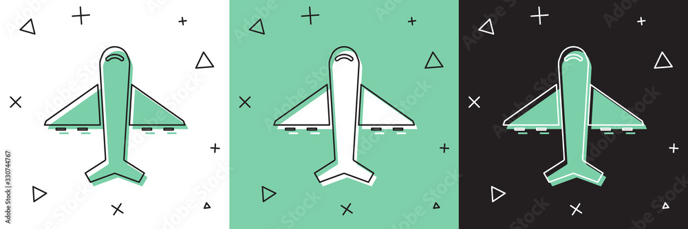 Set Plane icon isolated on white and green, black background. Flying airplane icon. Airliner sign. V