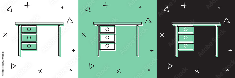 将办公桌图标隔离在白色和绿色黑色背景上。矢量插图