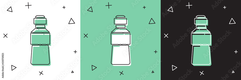 Set Bottle of water icon isolated on white and green, black background. Soda aqua drink sign. Vector