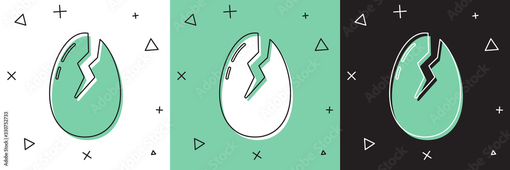 Set Broken egg icon isolated on white and green, black background. Happy Easter. Vector Illustration