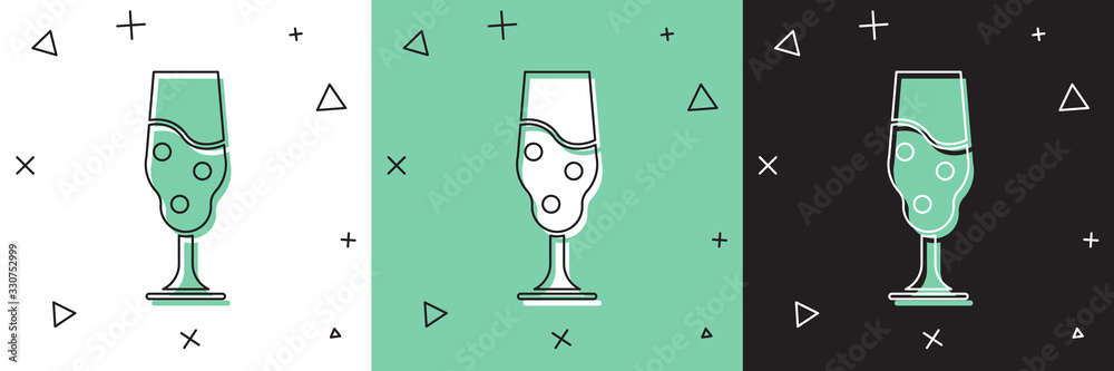 Set Wine glass icon isolated on white and green, black background. Wineglass icon. Goblet symbol. Gl