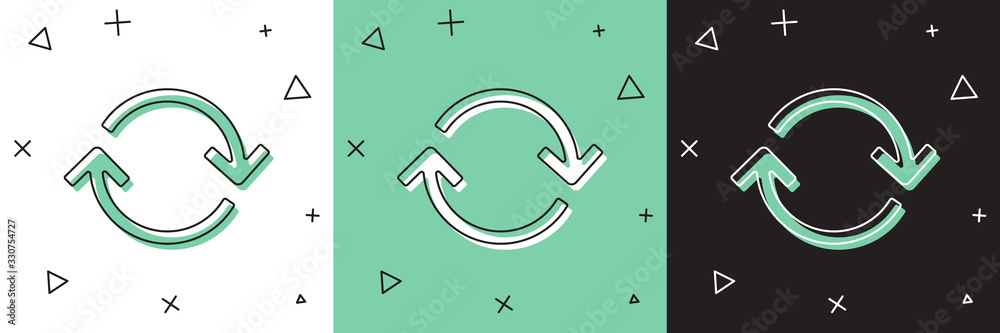 Set Refresh icon isolated on white and green, black background. Reload symbol. Rotation arrows in a 