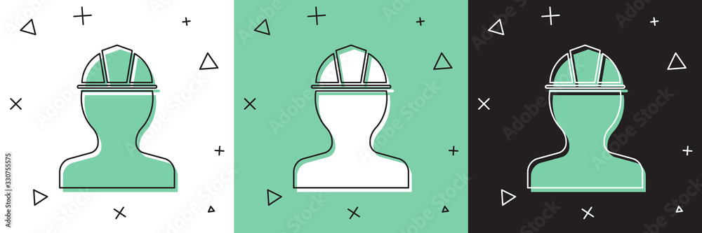 Set Worker safety helmet icon isolated on white and green, black background. Vector Illustration