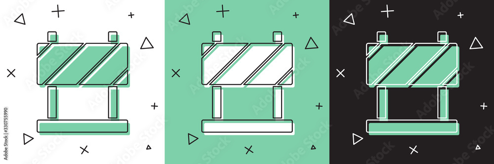 设置隔离在白色和绿色、黑色背景上的道路护栏图标。限制区域的符号