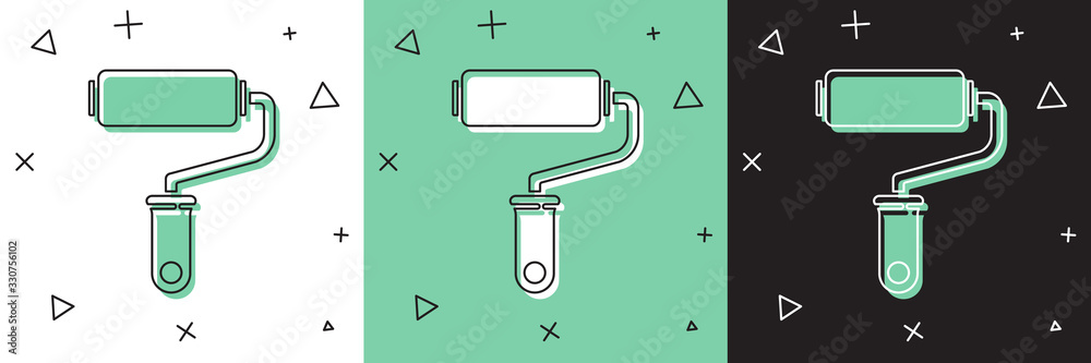 Set Paint roller brush icon isolated on white and green, black background. Vector Illustration