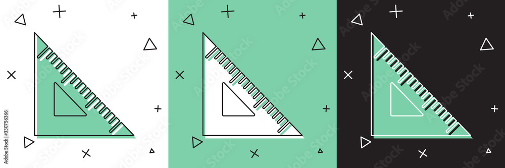 设置隔离在白色和绿色、黑色背景上的三角形标尺图标。斜视符号。Geomet