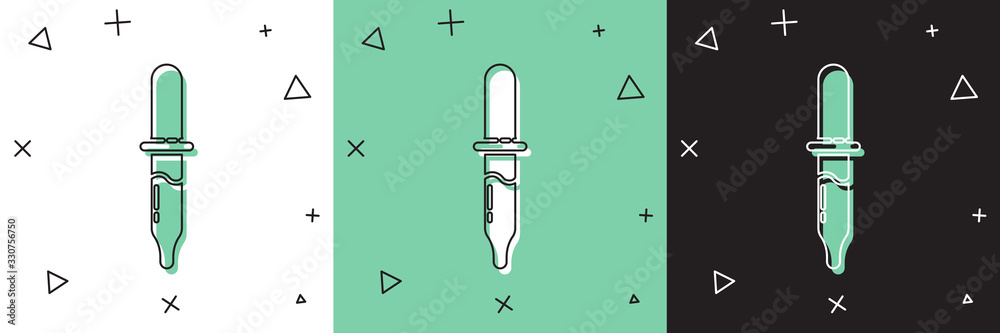 Set Pipette icon isolated on white and green, black background. Element of medical, chemistry lab eq