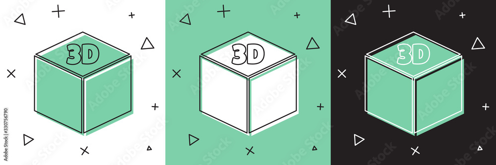 将等轴测立方体图标隔离在白色和绿色黑色背景上。几何立方体实心图标。3