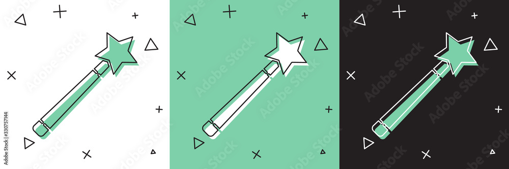 Set Magic wand icon isolated on white and green, black background. Star shape magic accessory. Magic