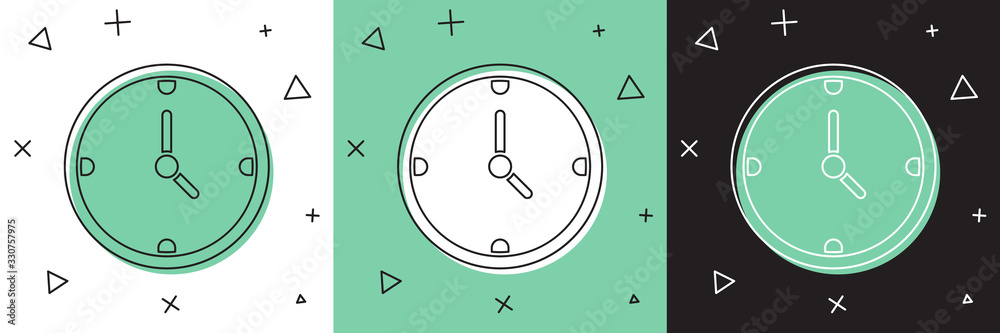 Set Clock icon isolated on white and green, black background. Time symbol. Vector Illustration