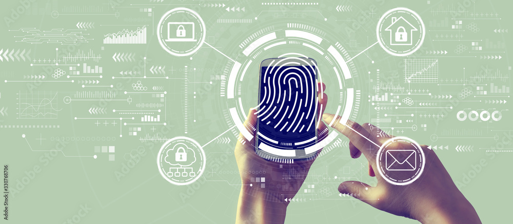 Fingerprint scanning theme with person holding a white smartphone