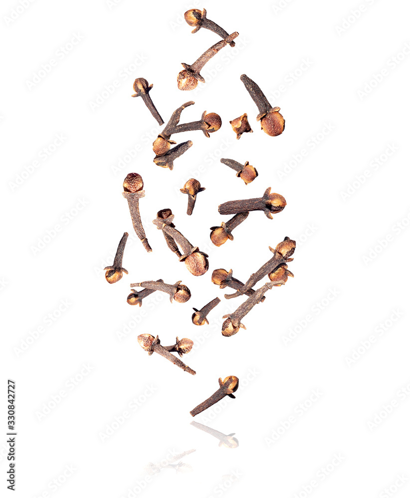 Dry cloves fall down, isolated on a white background