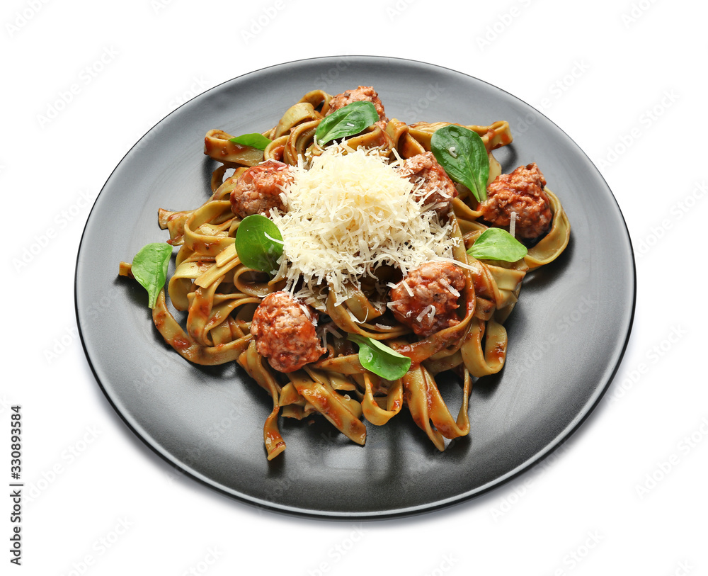 Plate with tasty pasta and cheese on white background