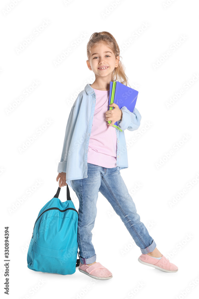 Cute little schoolgirl on white background