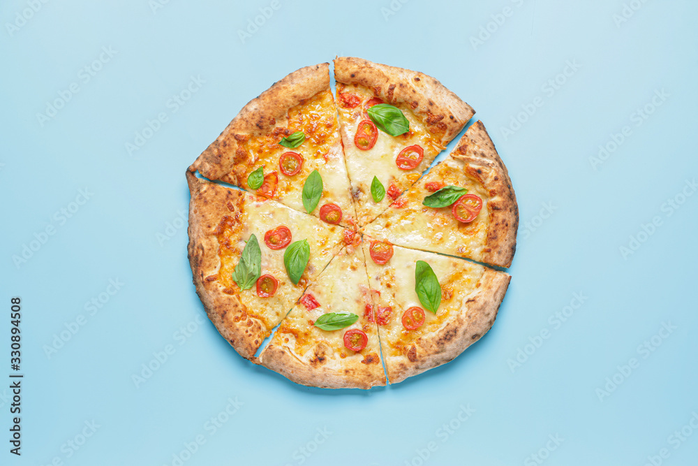 Delicious pizza Margherita on color background