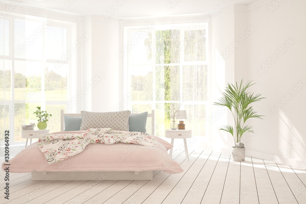 Stylish bedroom in white color with summer landscape in window. Scandinavian interior design. 3D ill