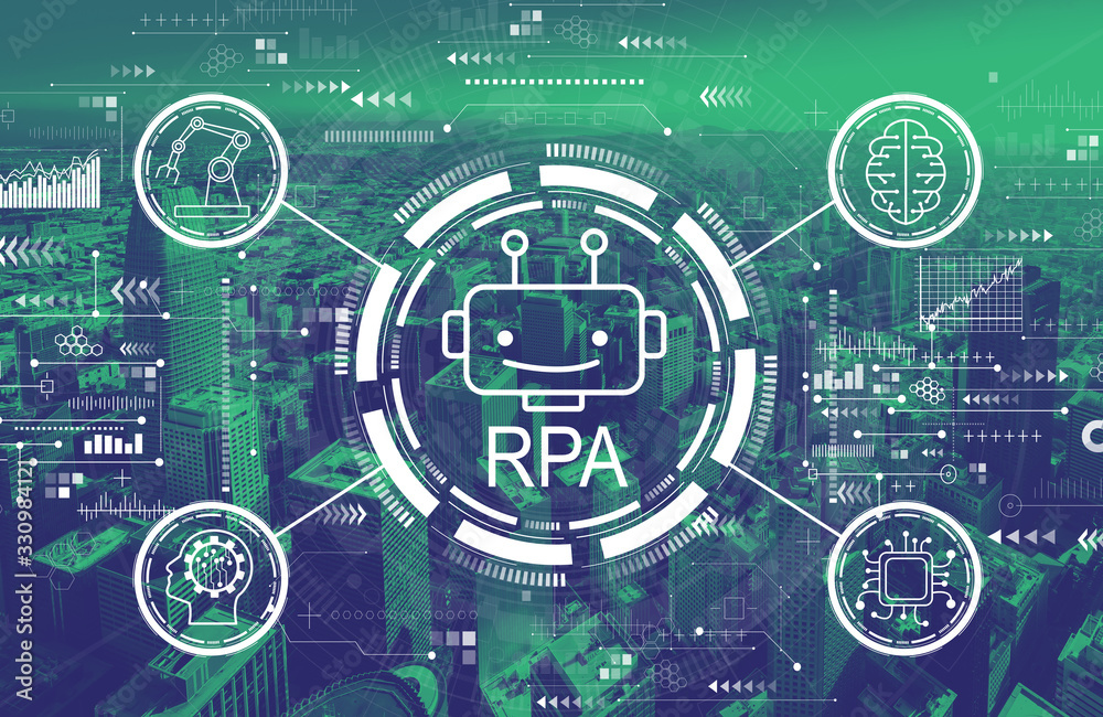 Robotic process automation concept with downtown San Francisco skyline buildings