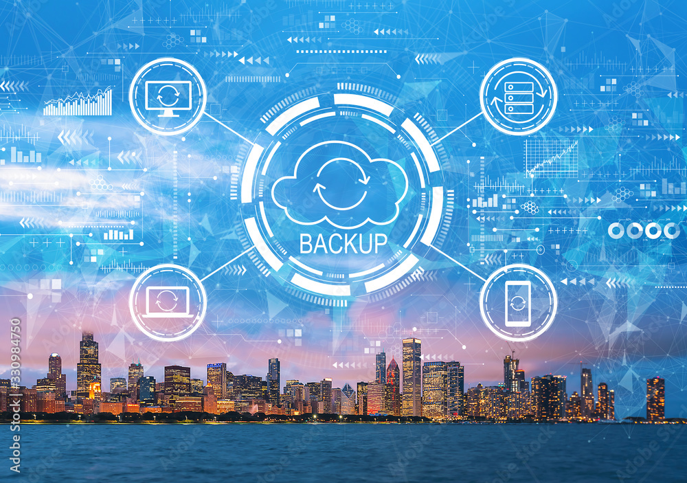 Backup concept with downtown Chicago cityscape skyline with Lake Michigan