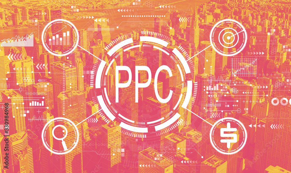 PPC - Pay per click concept with the New York City skyline