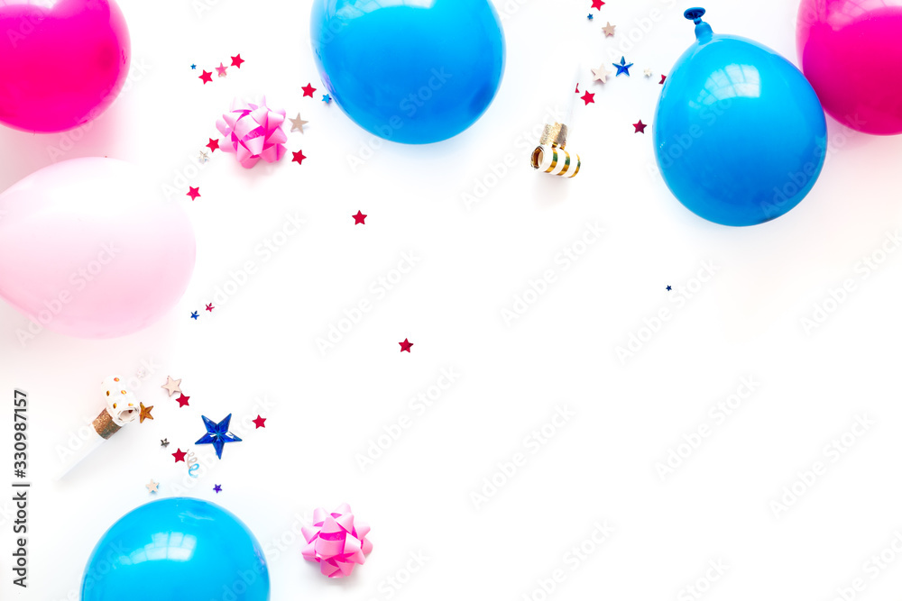 Decorative frame with colorful balloons on white background top-down frame copy space