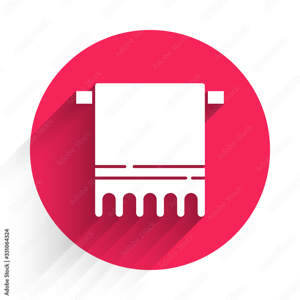 White Towel on a hanger icon isolated with long shadow. Bathroom towel icon. Red circle button. Vect