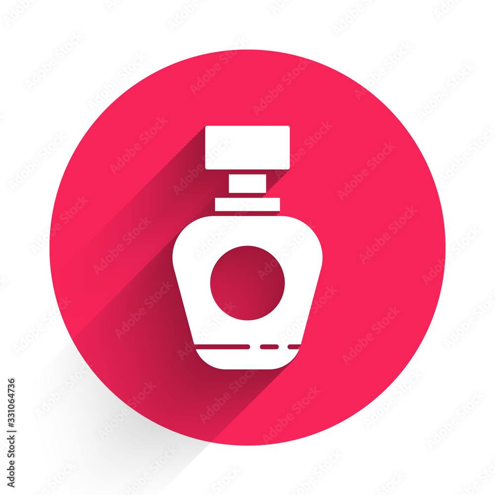 White Perfume icon isolated with long shadow. Red circle button. Vector Illustration