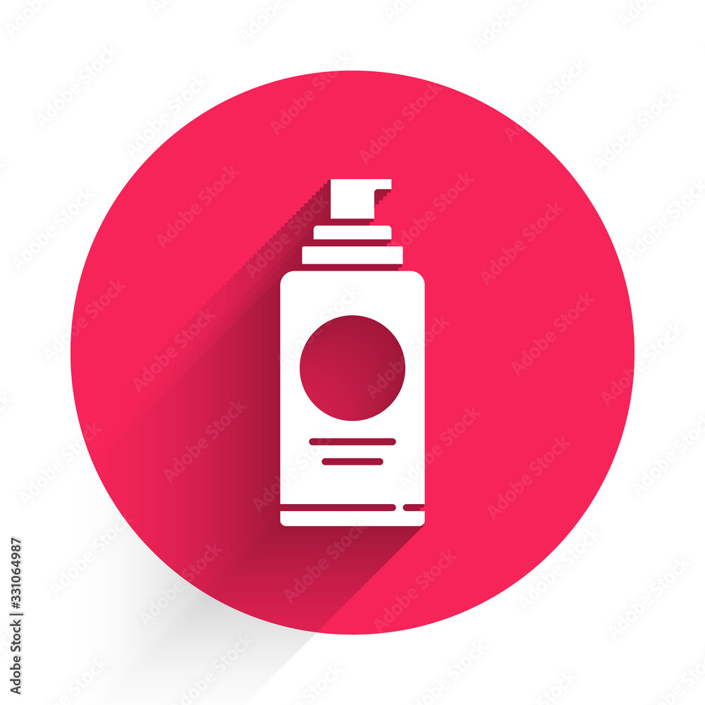 White Spray can for hairspray, deodorant, antiperspirant icon isolated with long shadow. Red circle 