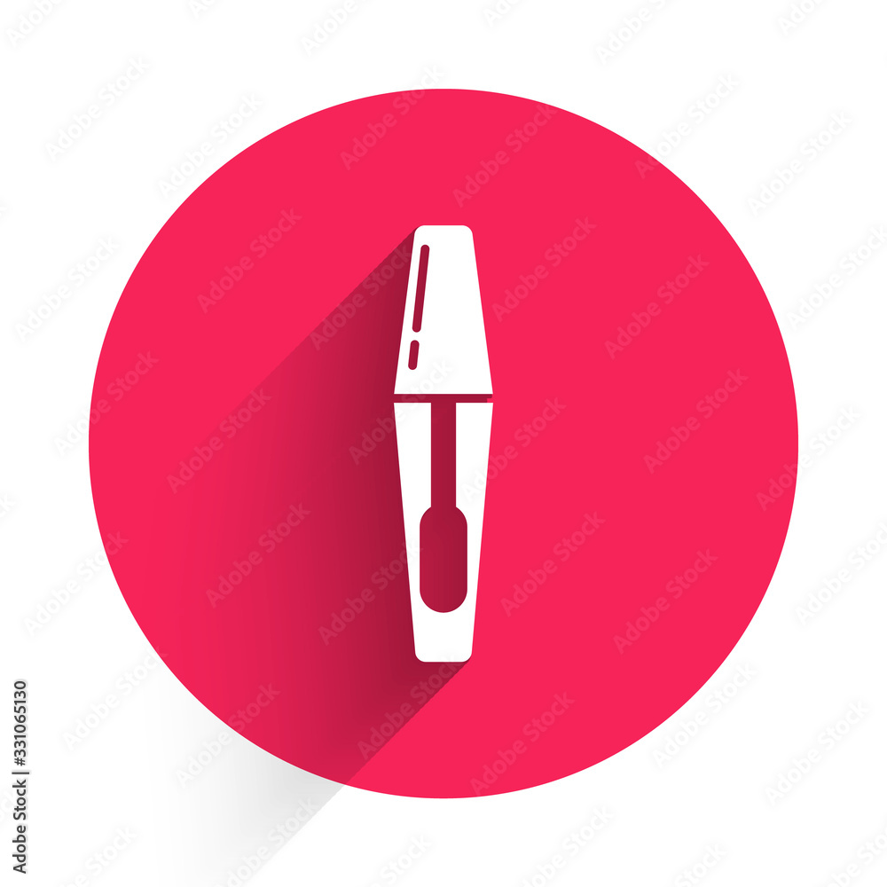 White Mascara brush icon isolated with long shadow. Red circle button. Vector Illustration