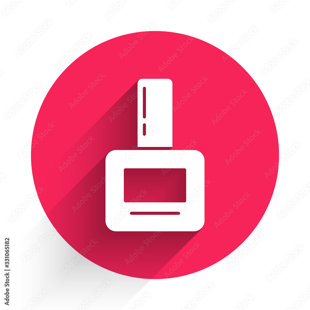 White Nail polish bottle icon isolated with long shadow. Red circle button. Vector Illustration