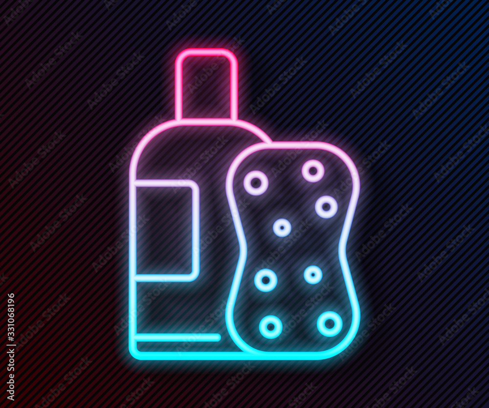 Glowing neon line Bottle of shampoo and sponge icon isolated on black background. Vector Illustratio