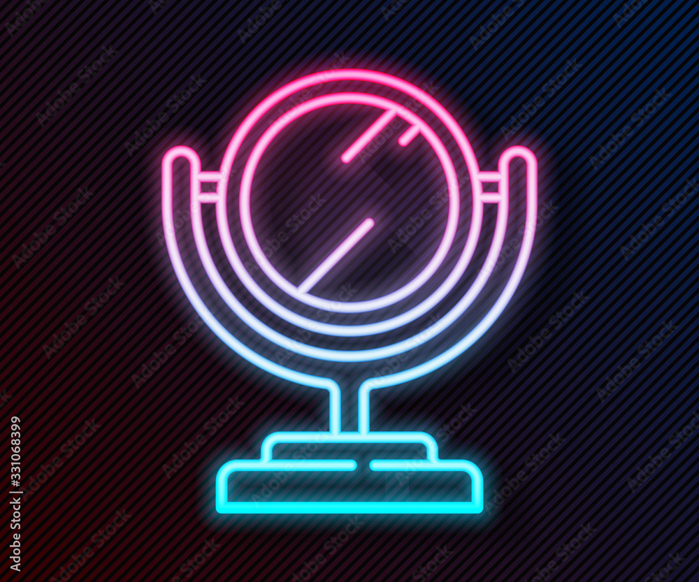 Glowing neon line Round makeup mirror icon isolated on black background. Vector Illustration