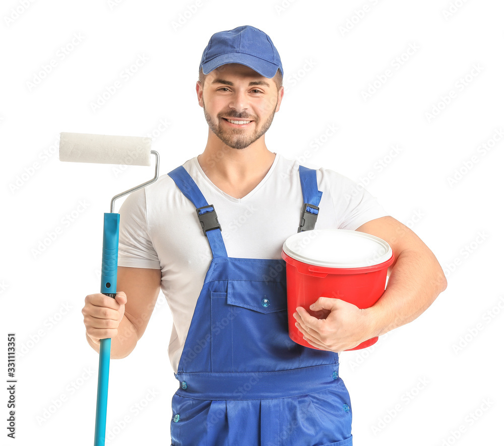 Young painter on white background