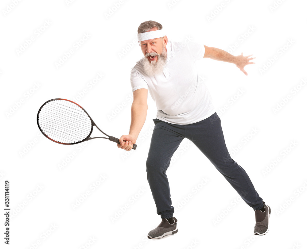 Elderly tennis player on white background