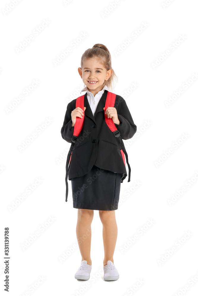 Cute little schoolgirl on white background