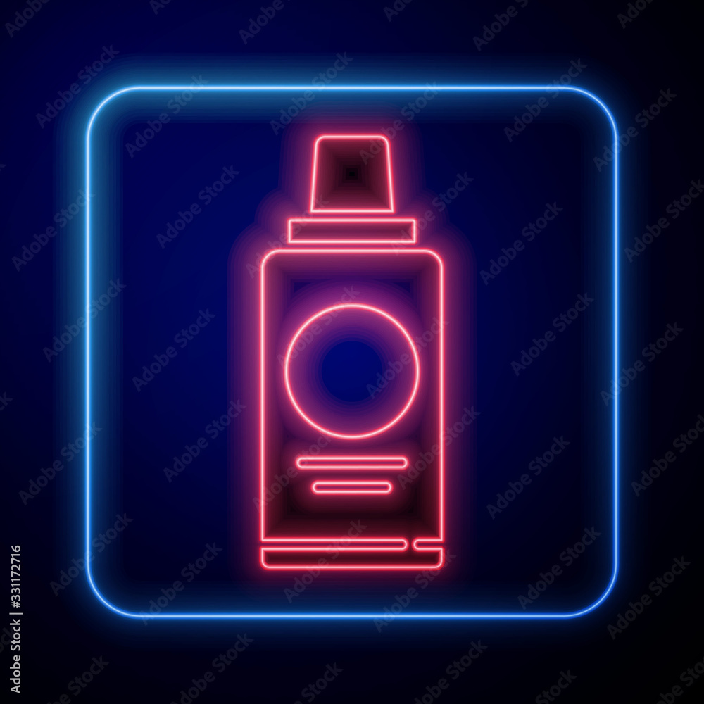 Glowing neon Bottle of shampoo icon isolated on blue background. Vector Illustration