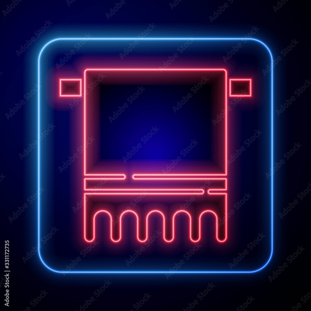 Glowing neon Towel on a hanger icon isolated on blue background. Bathroom towel icon. Vector Illustr