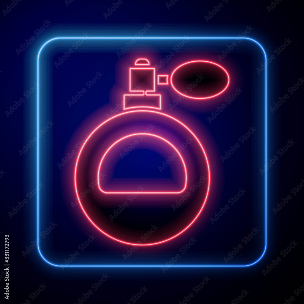 Glowing neon Perfume icon isolated on blue background. Vector Illustration