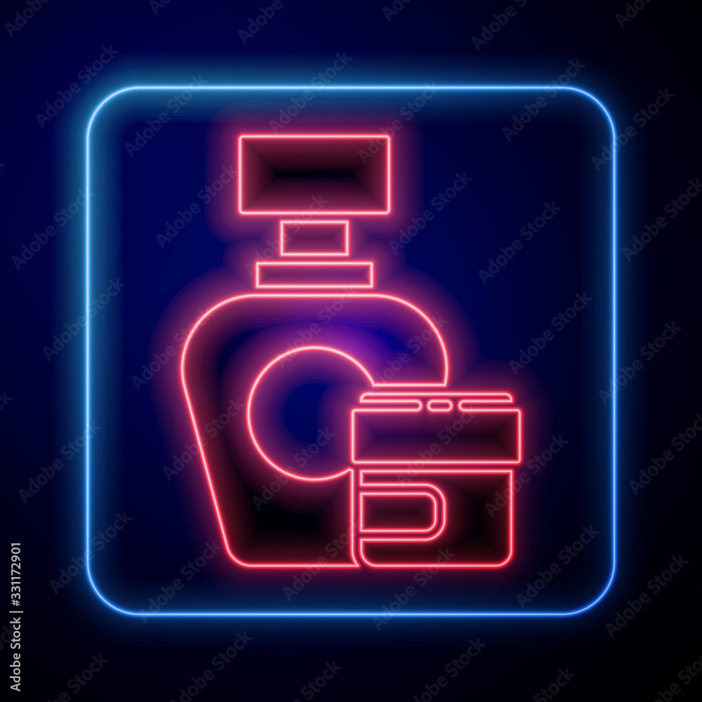 Glowing neon Cream or lotion cosmetic tube icon isolated on blue background. Body care products for 