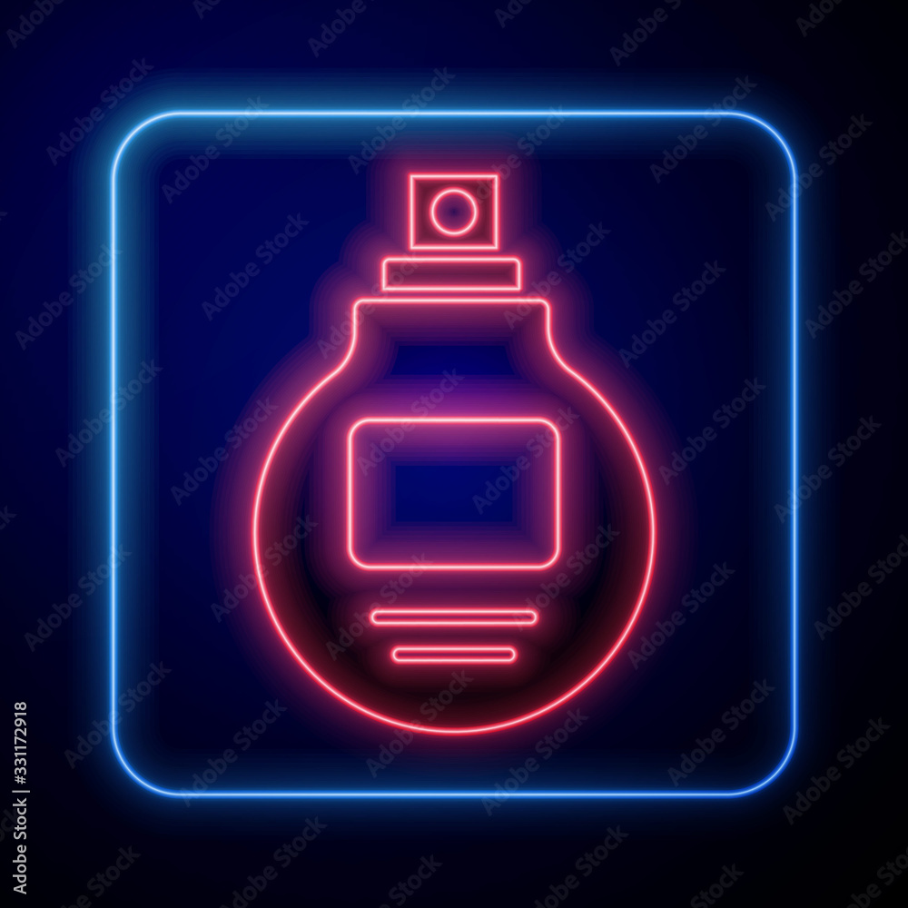 Glowing neon Perfume icon isolated on blue background. Vector Illustration