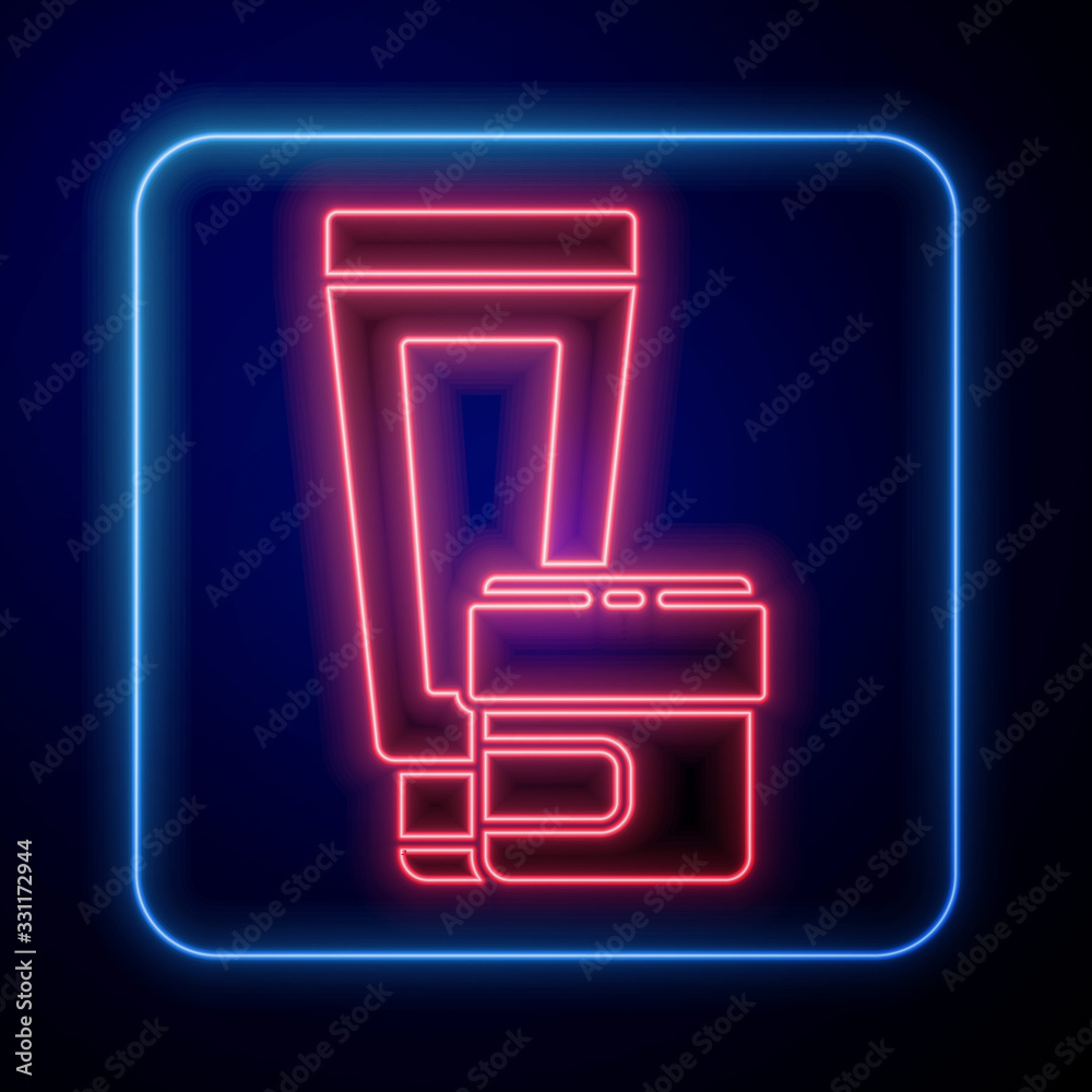 Glowing neon Cream or lotion cosmetic tube icon isolated on blue background. Body care products for 