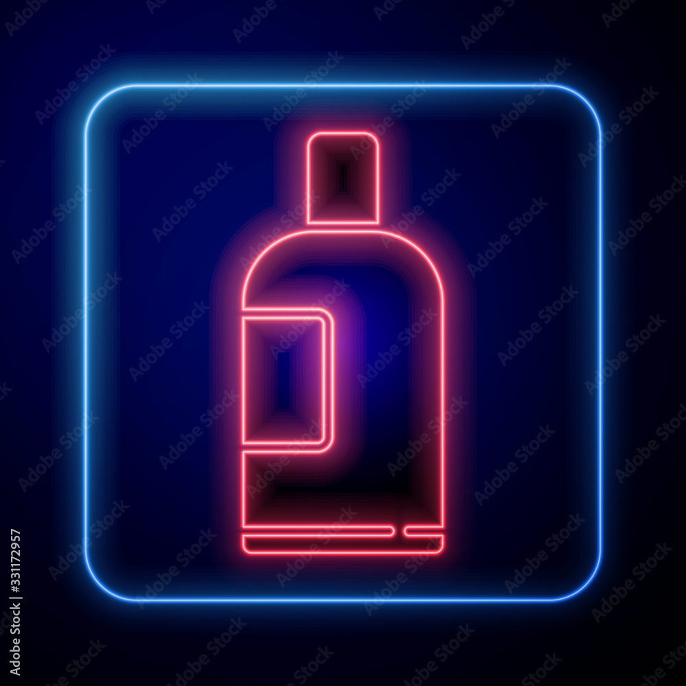 Glowing neon Bottle of shampoo icon isolated on blue background. Vector Illustration