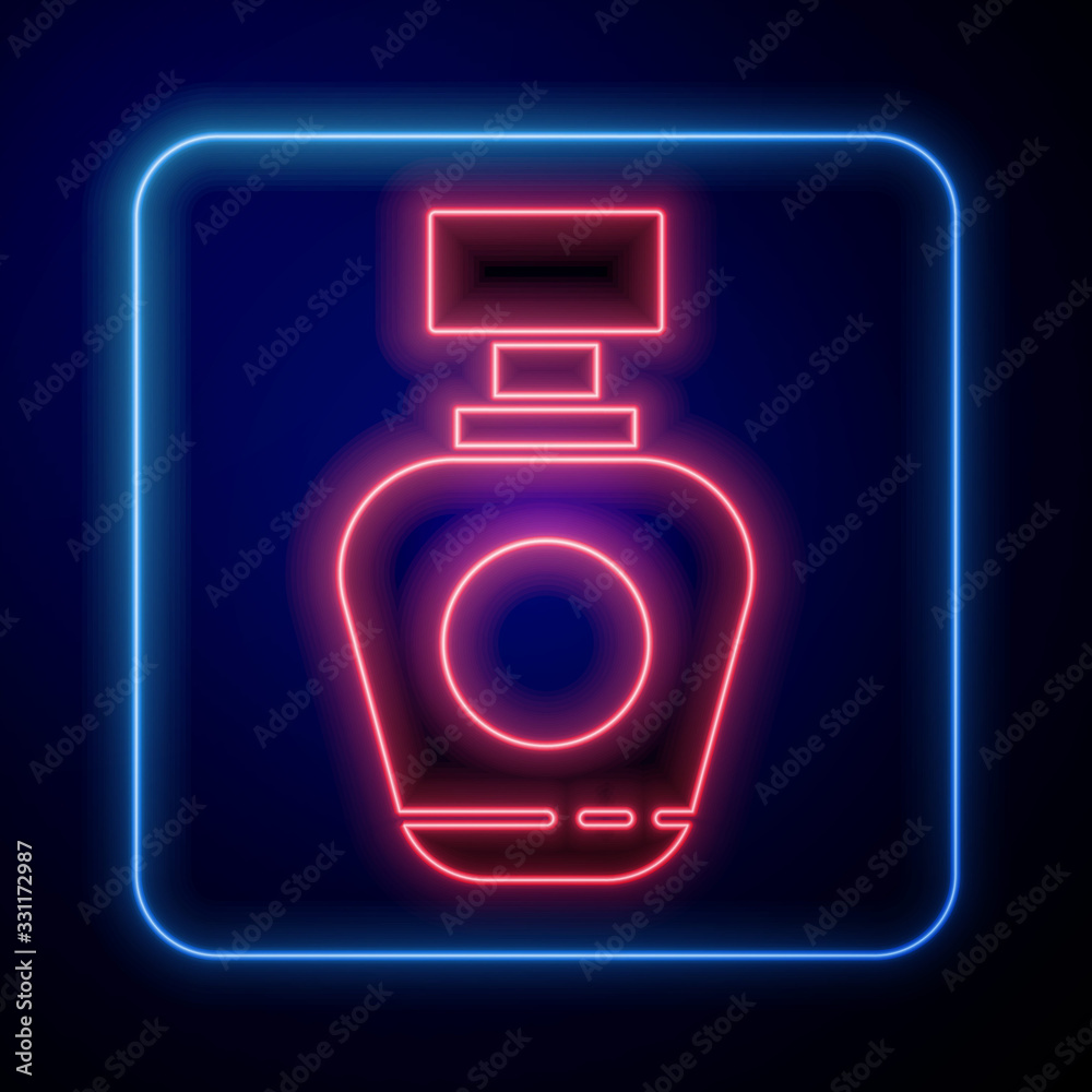 Glowing neon Perfume icon isolated on blue background. Vector Illustration