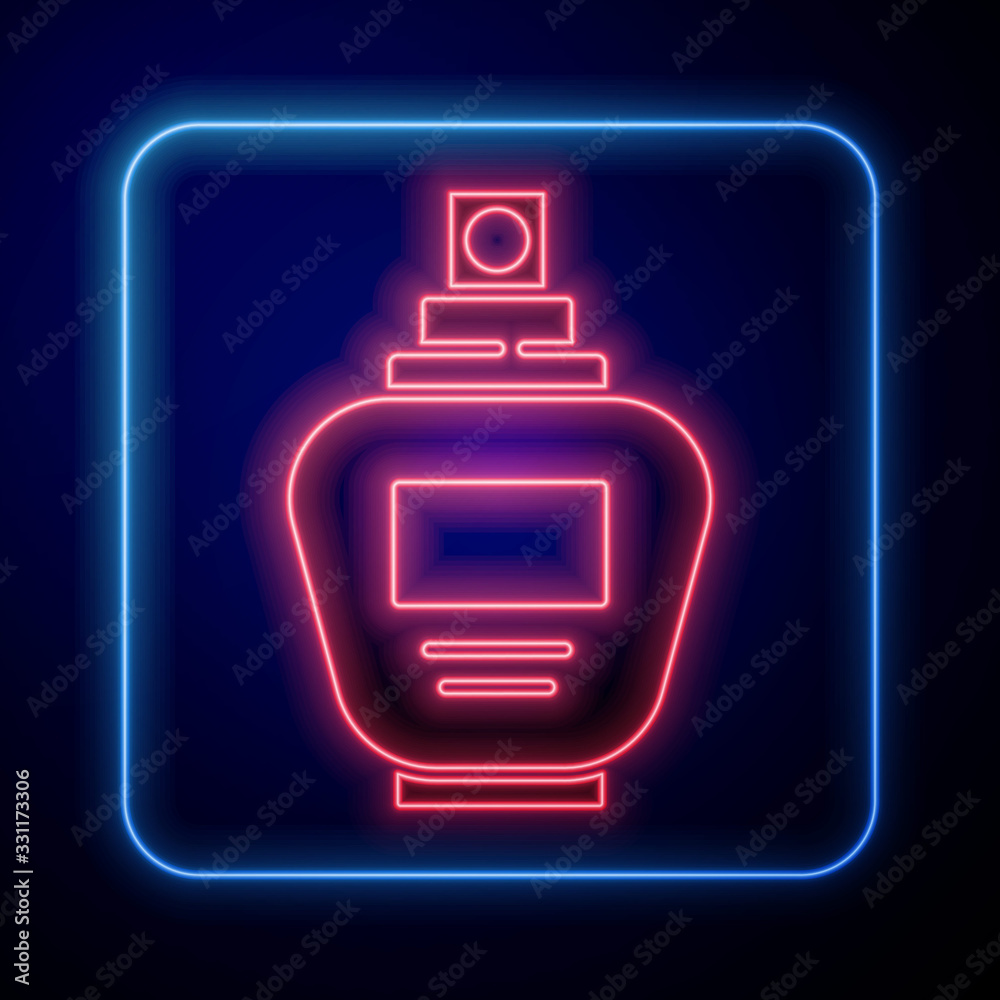 Glowing neon Perfume icon isolated on blue background. Vector Illustration