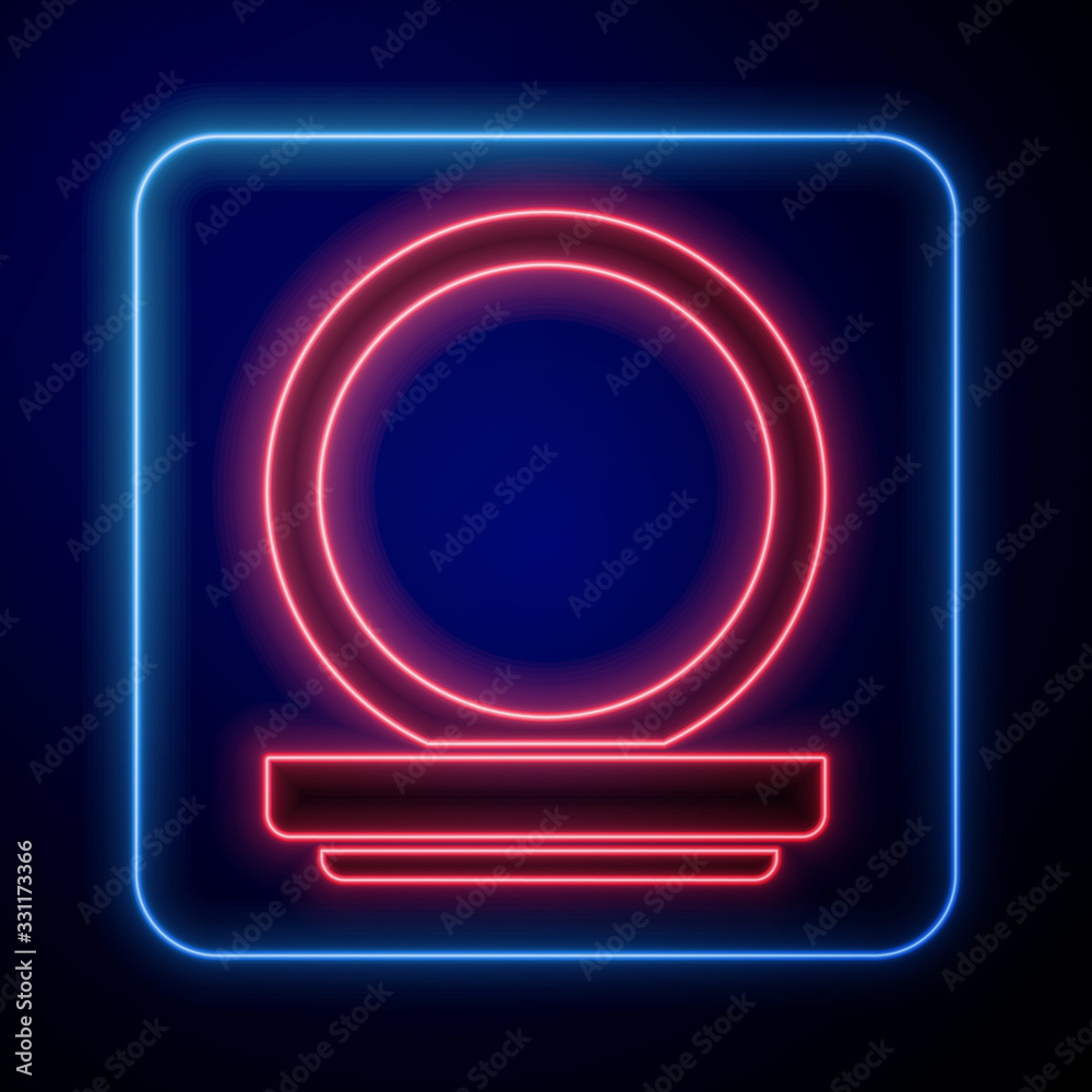 Glowing neon Makeup powder with mirror icon isolated on blue background. Vector Illustration