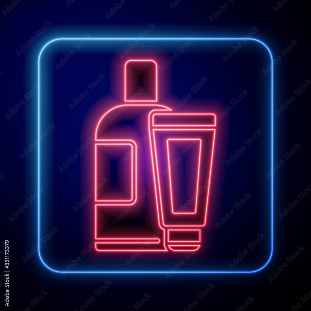 Glowing neon Cream or lotion cosmetic tube icon isolated on blue background. Body care products for 