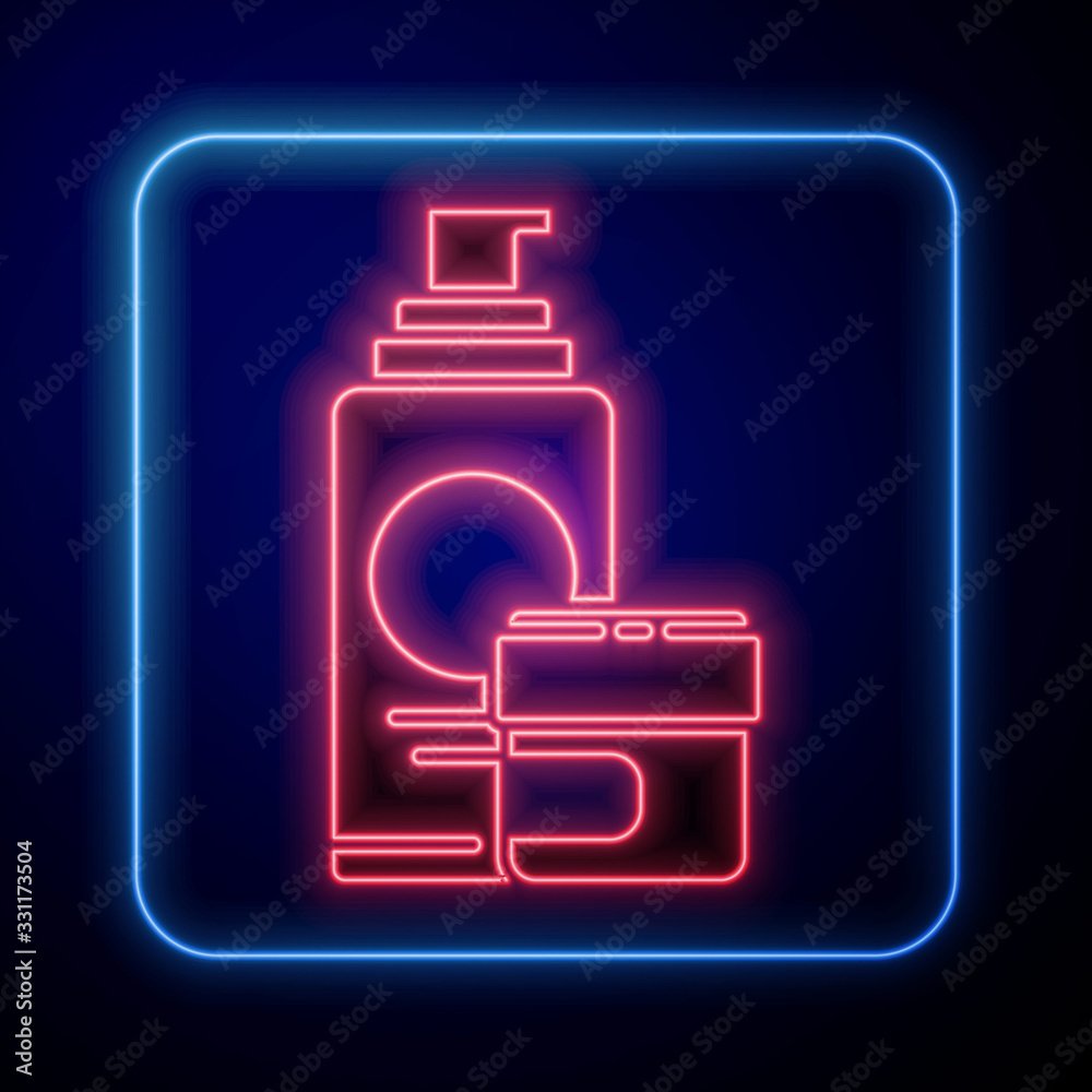 Glowing neon Cream or lotion cosmetic tube icon isolated on blue background. Body care products for 