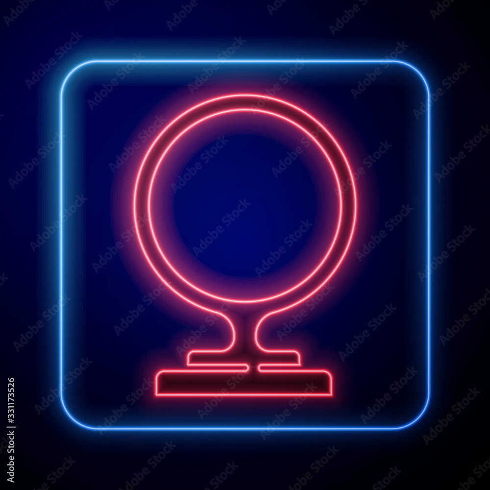 Glowing neon Round makeup mirror icon isolated on blue background. Vector Illustration