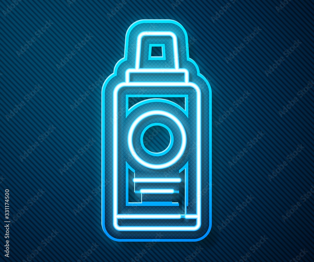 Glowing neon line Bottle of shampoo icon isolated on blue background. Vector Illustration