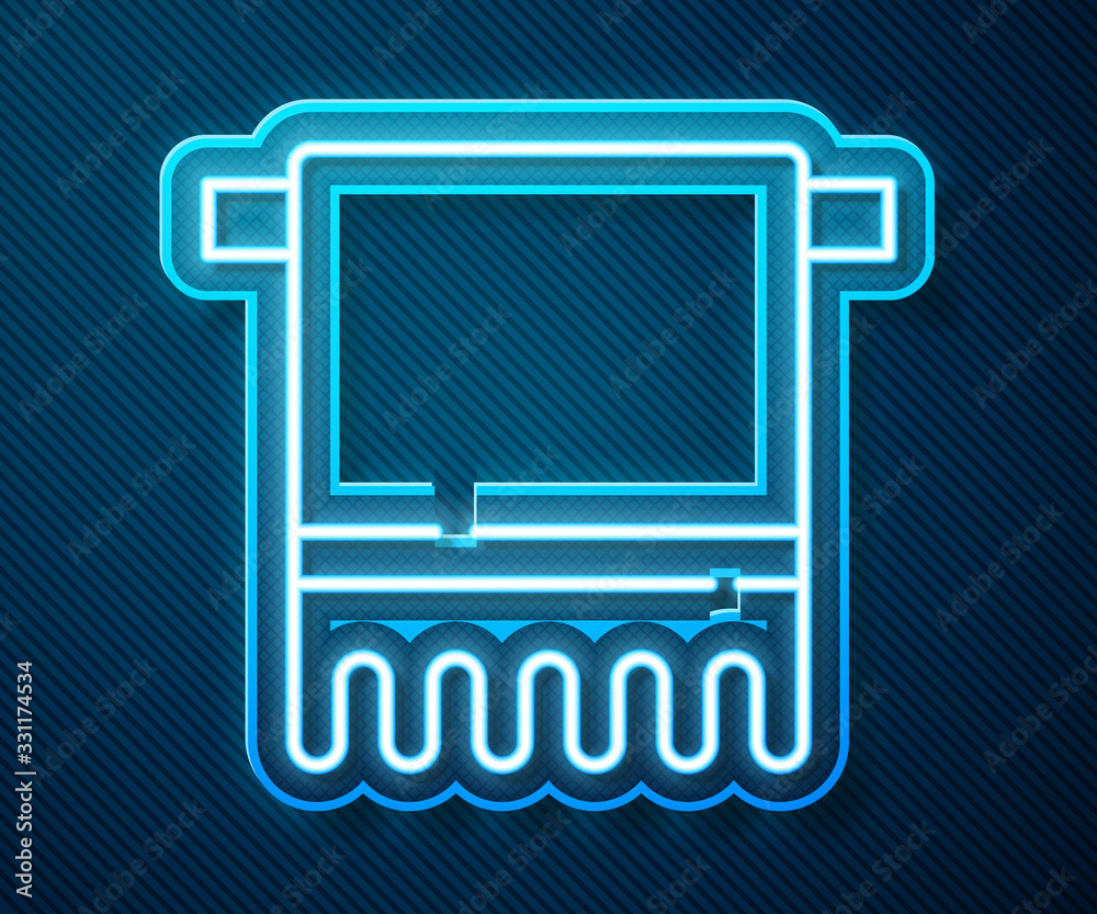 Glowing neon line Towel on a hanger icon isolated on blue background. Bathroom towel icon. Vector Il